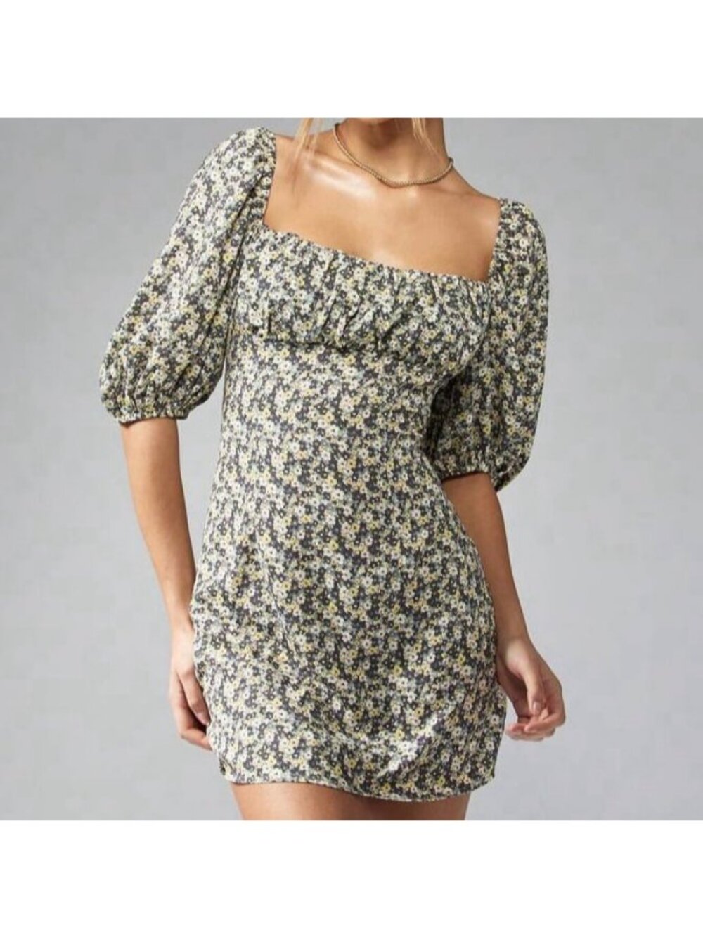 NEW MISSGUIDED Puff Sleeve Square Neck Floral Empire Waist Bodycon Mini Dress S